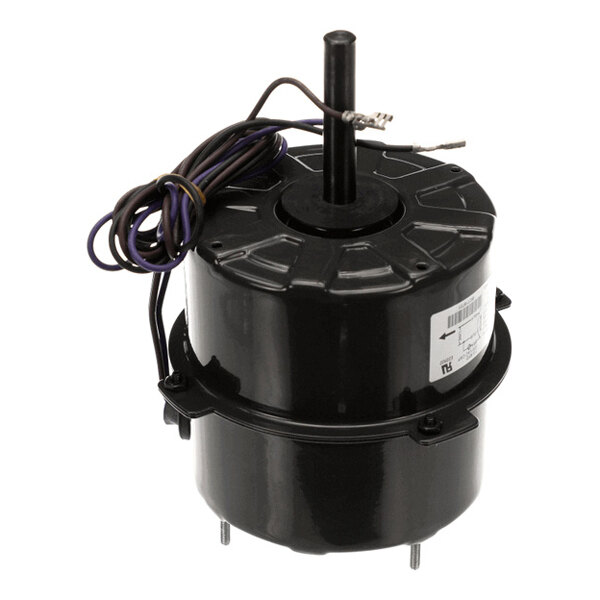 A black cylindrical electric motor with a central shaft, attached wires, and mounting brackets.
