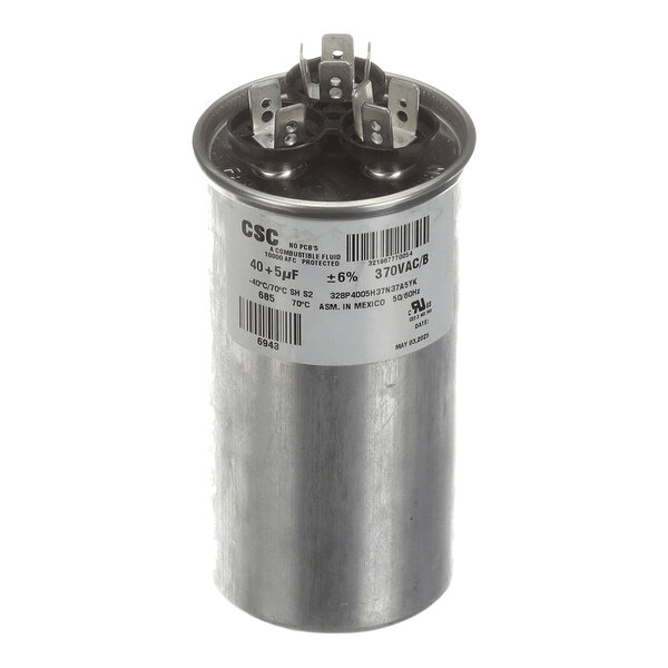 A cylindrical metal capacitor with multiple electrical terminals on top and a label displaying technical specifications.