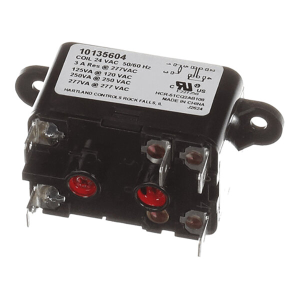 A black electrical relay with a white label displaying technical specifications and multiple metal terminals for wiring connections.