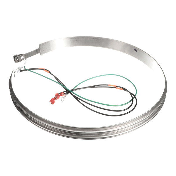 A circular metallic band with attached electrical wires and connectors, likely part of a heating or electrical assembly.