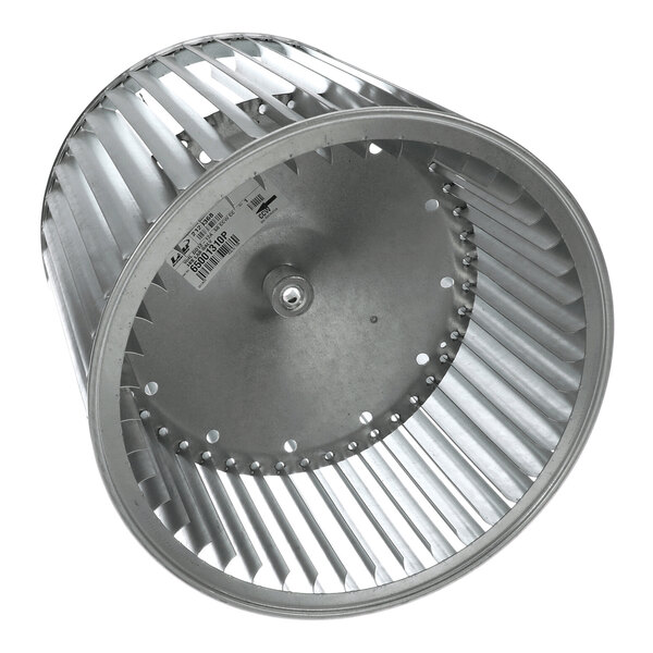 A cylindrical metal fan wheel with evenly spaced blades and a central hub.