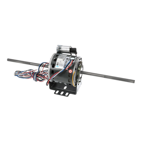 A cylindrical electric motor with a metal mounting bracket, two extended shafts on either side, a bundle of multicolored wires, and a capacitor attached on top.