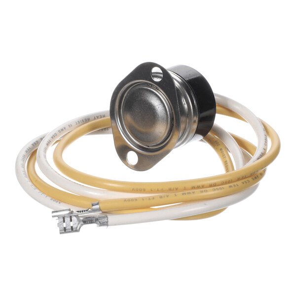 A metal thermostat component with two attached wires, one yellow and one white, coiled around it.