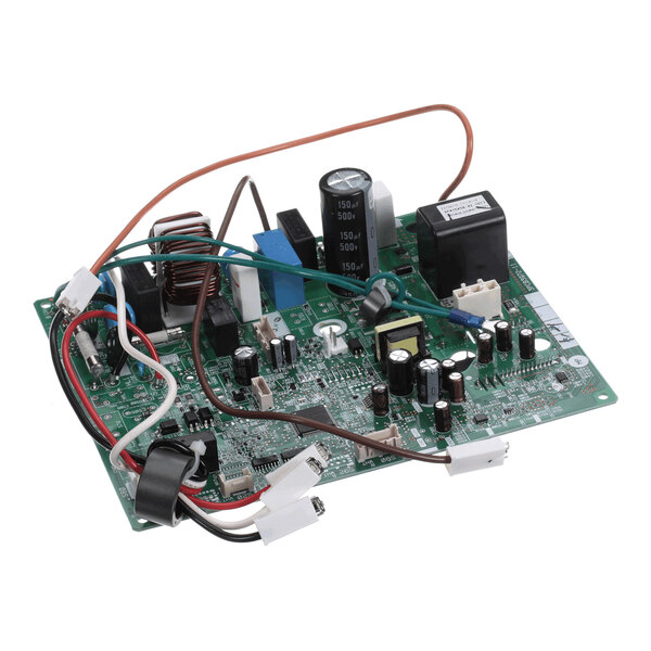 A green printed circuit board with various electronic components, capacitors, connectors, and attached wires.