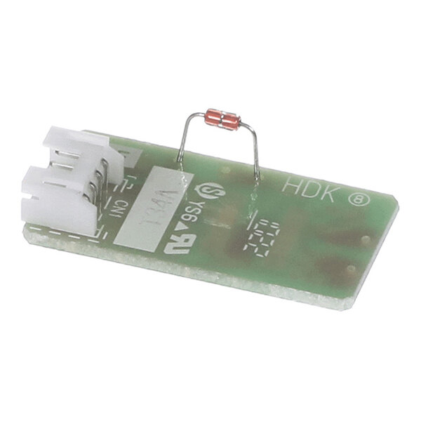 A small green circuit board with a white connector and a single resistor mounted on it.