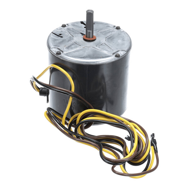 A cylindrical electric motor with a metal casing, a central shaft protruding from the top, and several yellow and brown wires extending from the side.