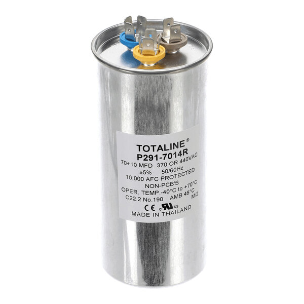 A cylindrical metallic component with three colored terminal connectors on top and a label displaying technical specifications.