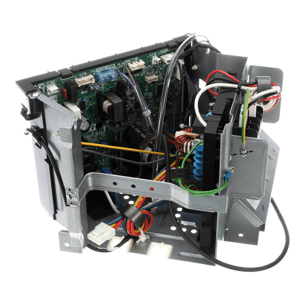 An open metal control box assembly with visible circuit boards, wiring, and electronic components.
