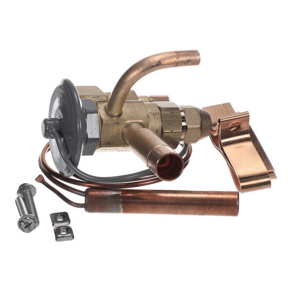 A brass and copper mechanical valve assembly with attached tubing, a metal clip, and two small mounting screws.