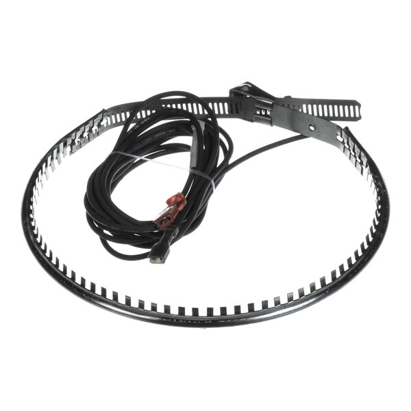 A circular metal band with evenly spaced rectangular cutouts, attached to a long black electrical cord with connectors.