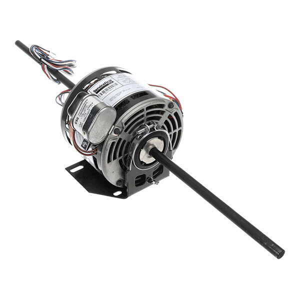 A cylindrical electric motor with attached wires, a mounting bracket, and a long central shaft extending from both ends.