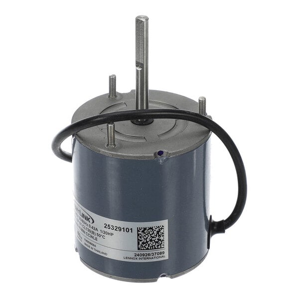 A cylindrical electric motor with a central shaft, three mounting bolts, a black attached wire, and a label with a QR code and specifications.