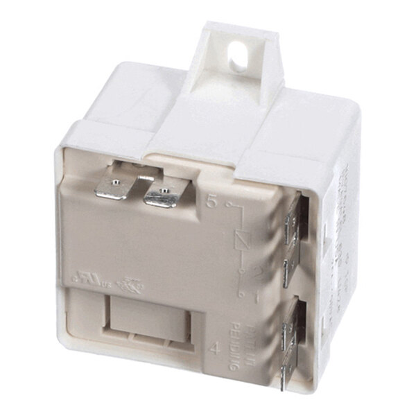 A white and beige electrical relay with metal prongs and a mounting tab.