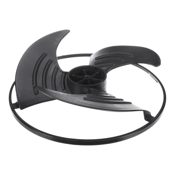 A black, three-blade fan blade with a circular support ring, viewed from an angle.