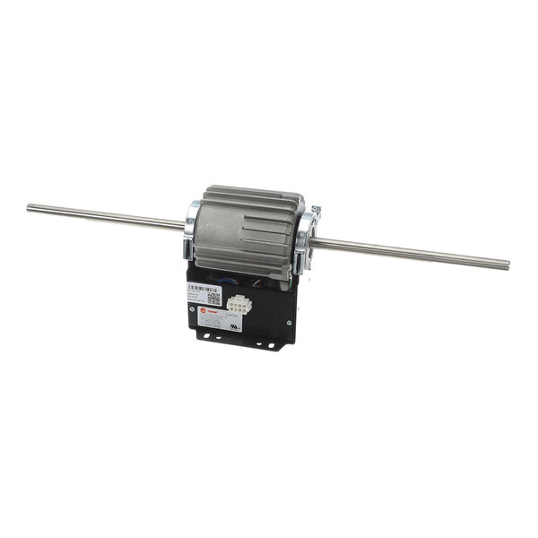 A metal electric motor with a central housing and two long, straight shafts extending from either side.