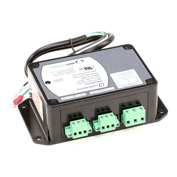 A black rectangular electronic control box with a label on top, three green terminal connectors on the front, and a black cable with exposed wires attached.
