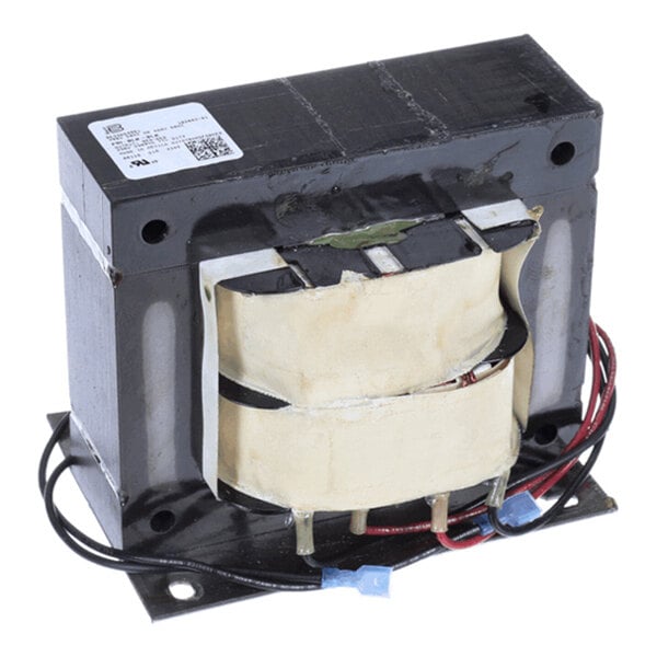 A rectangular electrical transformer with a metal core, wrapped coils, and several wires attached.
