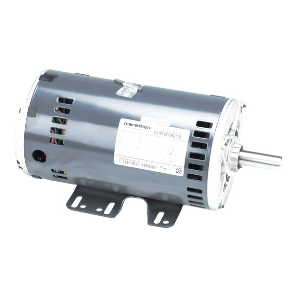 A cylindrical electric motor with a metal mounting base, ventilation slots, and a protruding shaft.