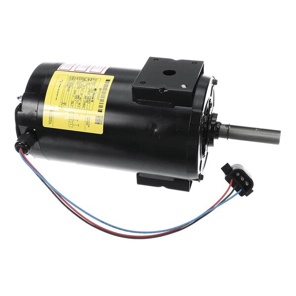 A cylindrical black electric motor with a yellow label, attached mounting bracket, protruding shaft, and three colored wires ending in a connector.