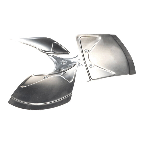 Two metallic, curved fan blades with a shiny finish and visible screws, placed on a white background.