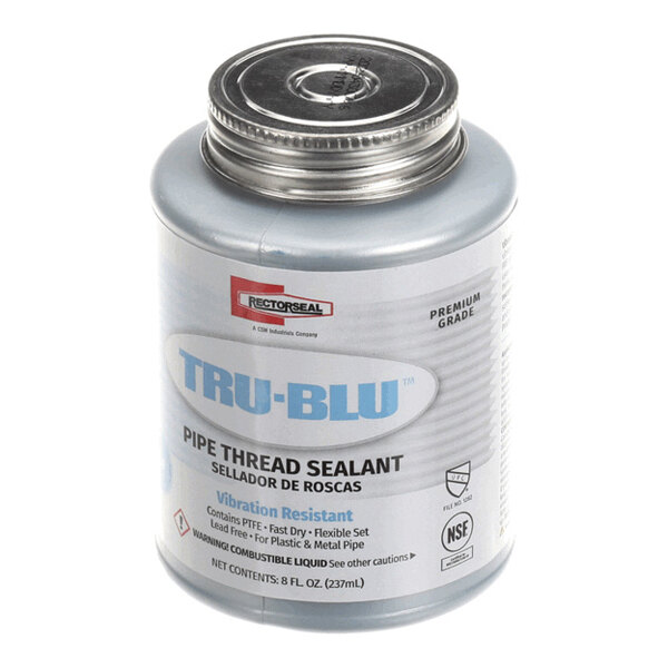 A metal canister with a screw-on lid labeled 'TRU-BLU Pipe Thread Sealant' and various product details on the front.