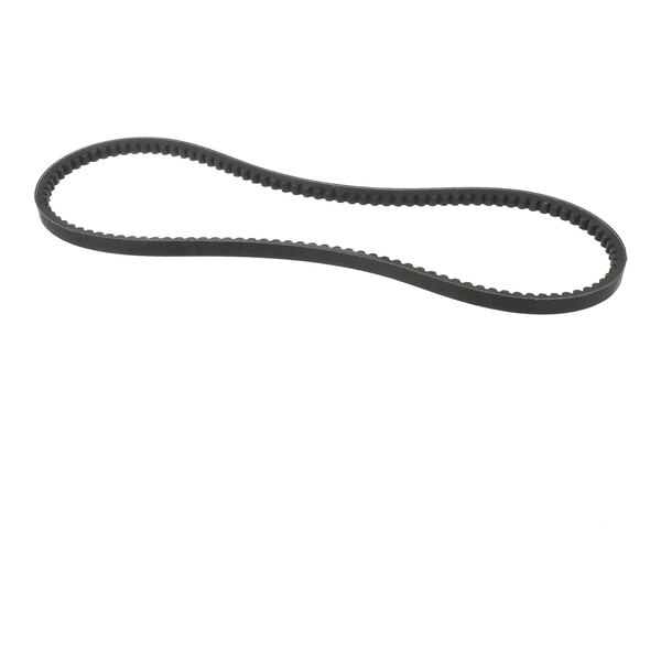 A black, toothed drive belt is shown against a white background.