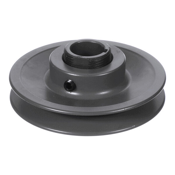 A metal adjustable sheave with a central hub and a set screw, featuring a grooved outer edge for a belt.