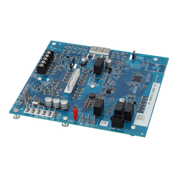 A blue electronic circuit board with various components, connectors, and a digital display mounted on it.