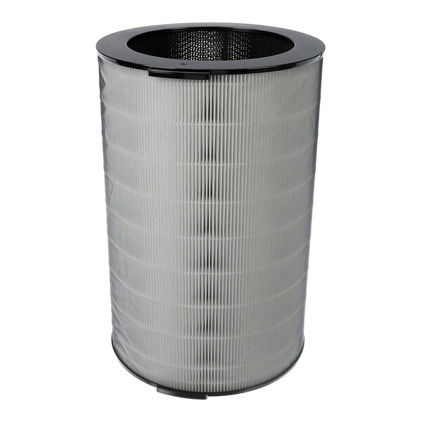 A cylindrical, pleated air filter with a black frame and a mesh interior.