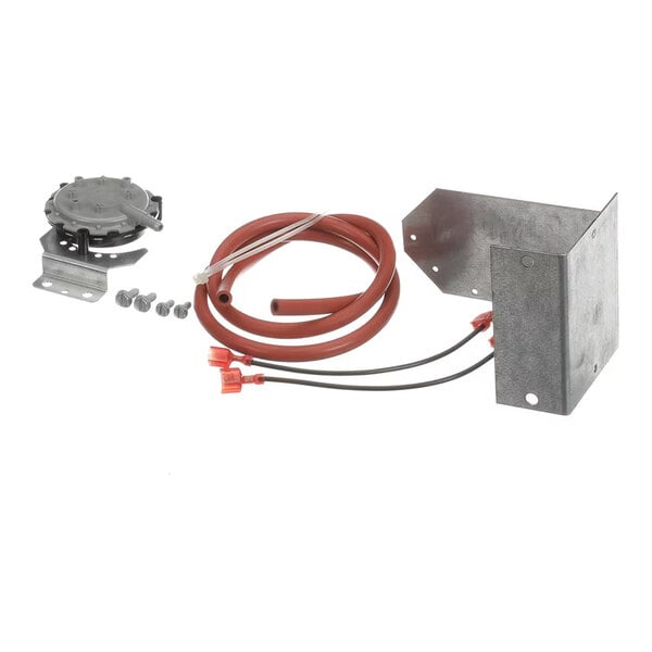 A metal bracket, a round gray component with a mounting base, red tubing, screws, and two black wires with red connectors are arranged on a white background.