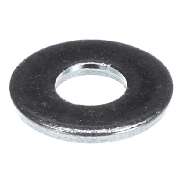 A flat, metallic washer with a central hole, viewed from an angle.