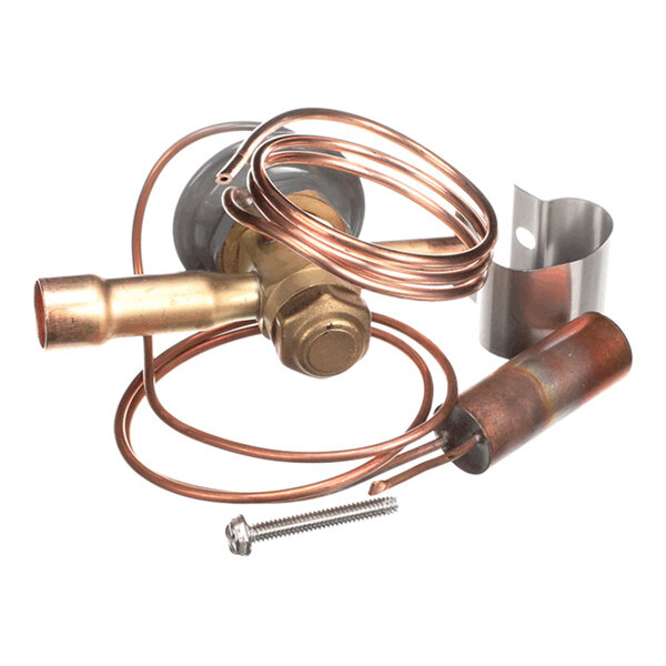 A brass and copper valve assembly with coiled copper tubing, a cylindrical component, a metal clamp, and a screw, all arranged on a white background.