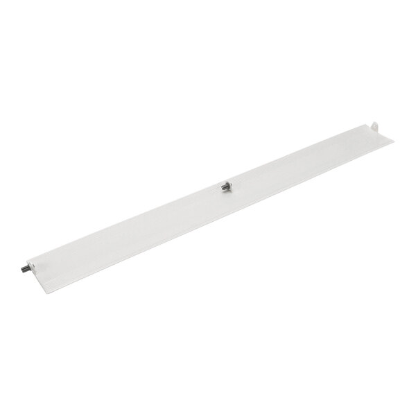 A long, narrow, flat metallic piece with small protruding fasteners at each end and one in the middle, set against a white background.