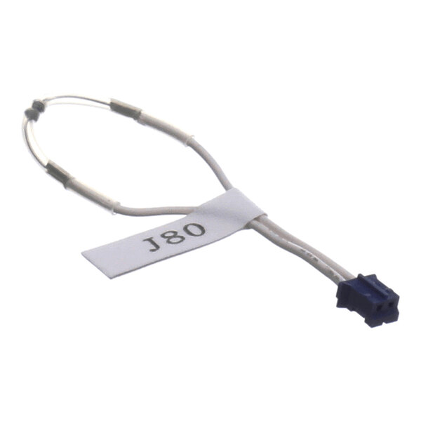 A small wire loop with a blue connector and a white label marked 'J80' attached to it.