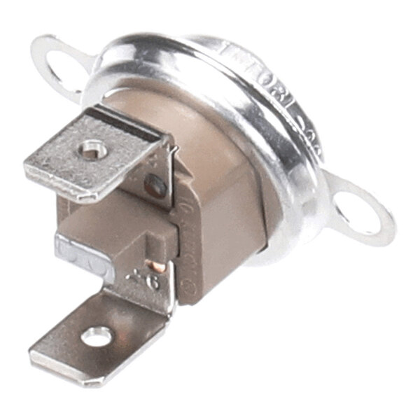 A close-up view of a small metallic and plastic electronic component with two mounting holes and two flat metal terminals.