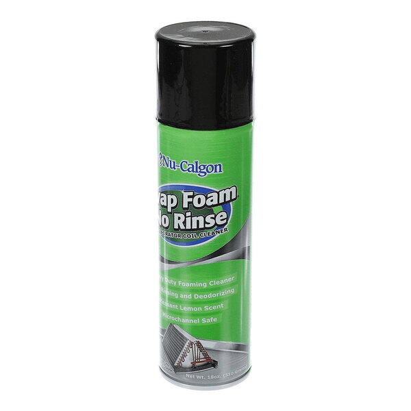 A green aerosol can with a black cap labeled 'Evap Foam No Rinse' and featuring cleaning and deodorizing information.