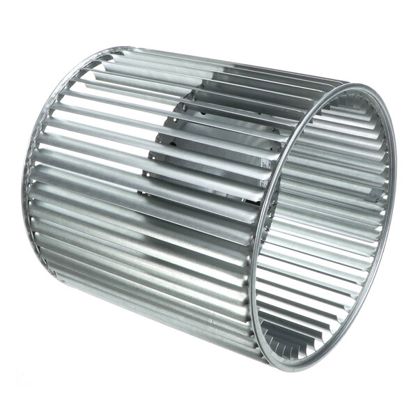 A cylindrical metal blower wheel with evenly spaced blades and a central mounting hub.