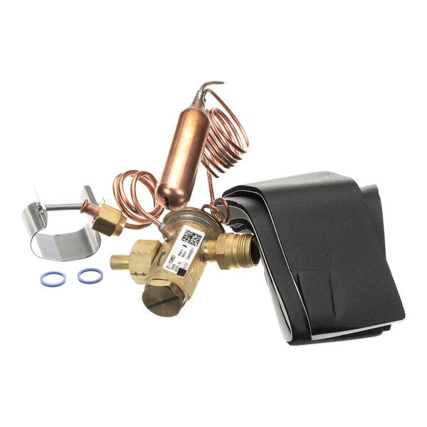 A brass and copper thermal expansion valve assembly with coiled tubing, a black plastic cover, a metal mounting bracket, and two small blue O-rings.