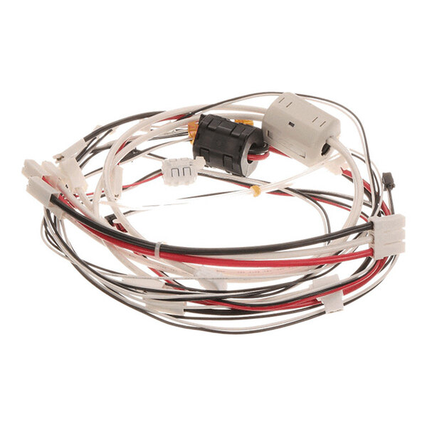 A coiled bundle of electrical wires with multiple connectors and terminals attached.