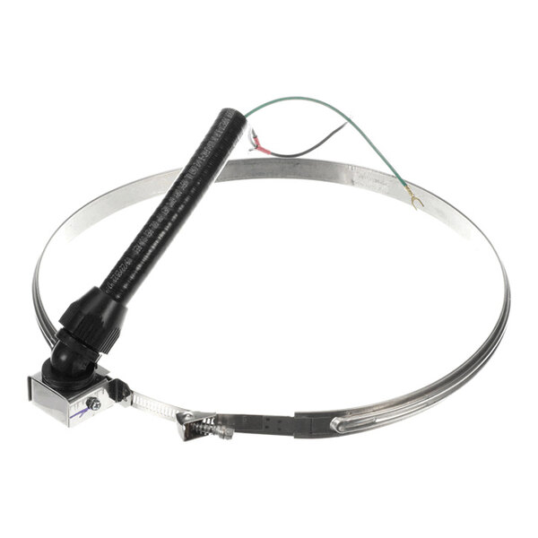 A metallic circular band with an attached black insulated cable and exposed wires, likely an electrical heating element.