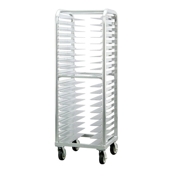 A tall, metal rack with multiple angled shelves and four caster wheels at the base.
