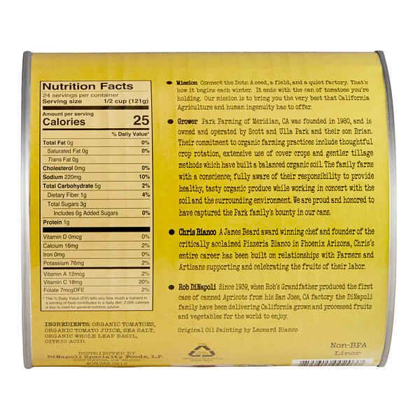 The image shows the back label of a can with nutrition facts, ingredients, and information about the mission, grower, and contributors, printed on a yellow background.