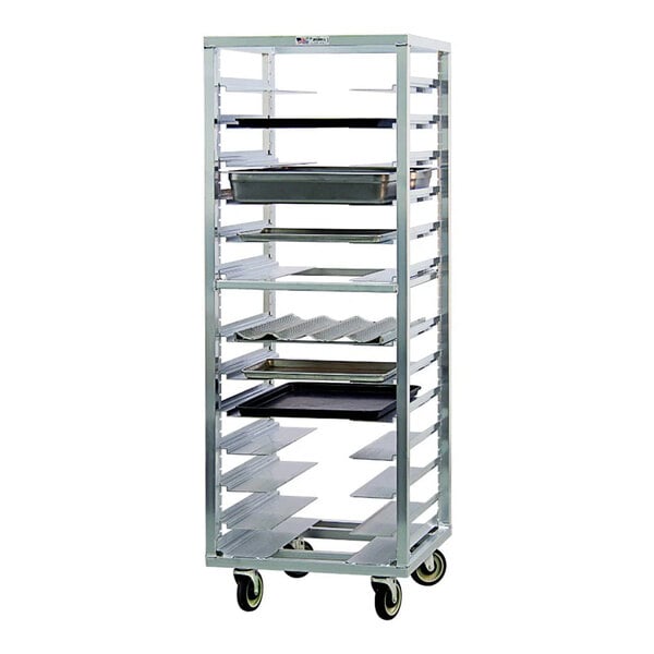 A tall, metal rack on wheels with multiple horizontal slots holding several trays and pans.
