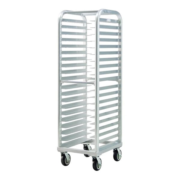 A tall, silver metal rack with multiple horizontal slots and four caster wheels at the base.