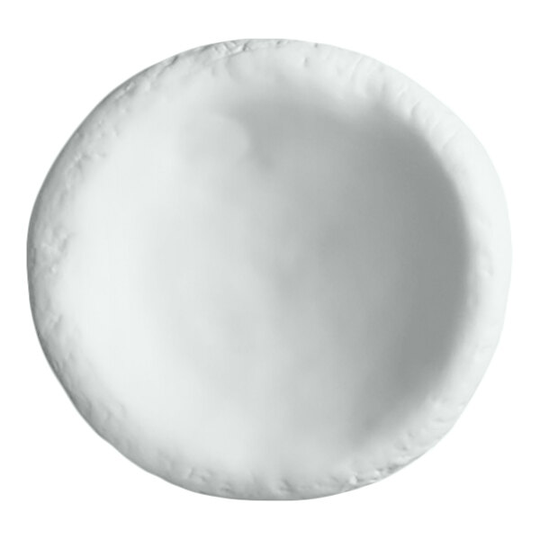 A round, white, shallow dish with a slightly raised rim, viewed from above.