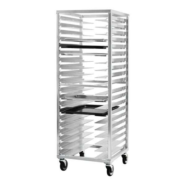 A tall, rectangular metal rack with multiple horizontal slots for trays and four caster wheels at the base.
