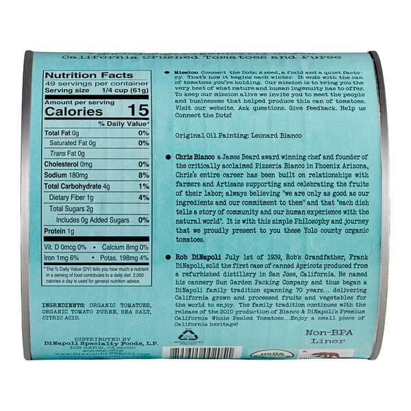 The image shows the back label of a can with nutrition facts, ingredients, and a description of the product's mission and background stories of Chris Bianco and Rob DiNapoli.