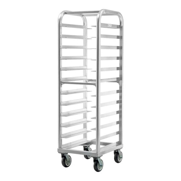 A tall, metal rack with multiple horizontal slots and four caster wheels, designed for holding trays or pans.