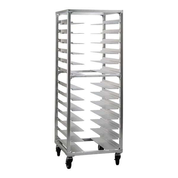 A tall, rectangular metal rack with multiple angled shelves and four caster wheels at the base.