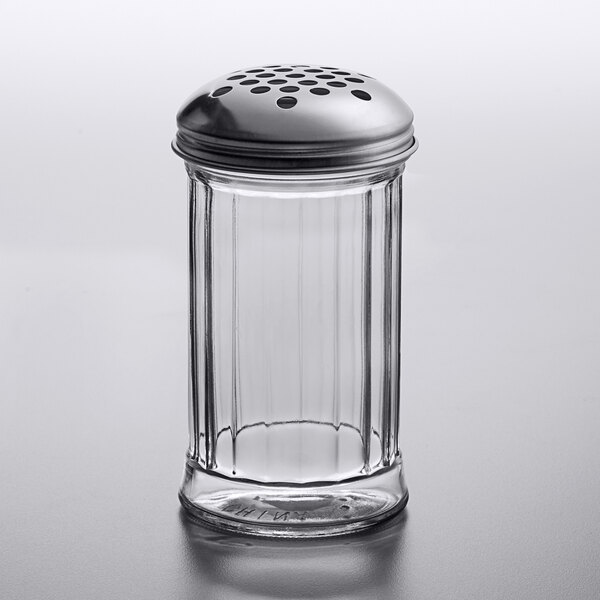 American Metalcraft 12 oz. Glass Cheese Shaker with Stainless Steel Lid and Extra Large Holes - 24/Case